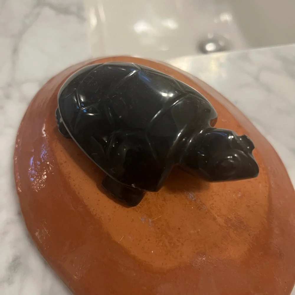 Natural Hand Carved Obsidian Black Turtle Figurine Minimalist Chic